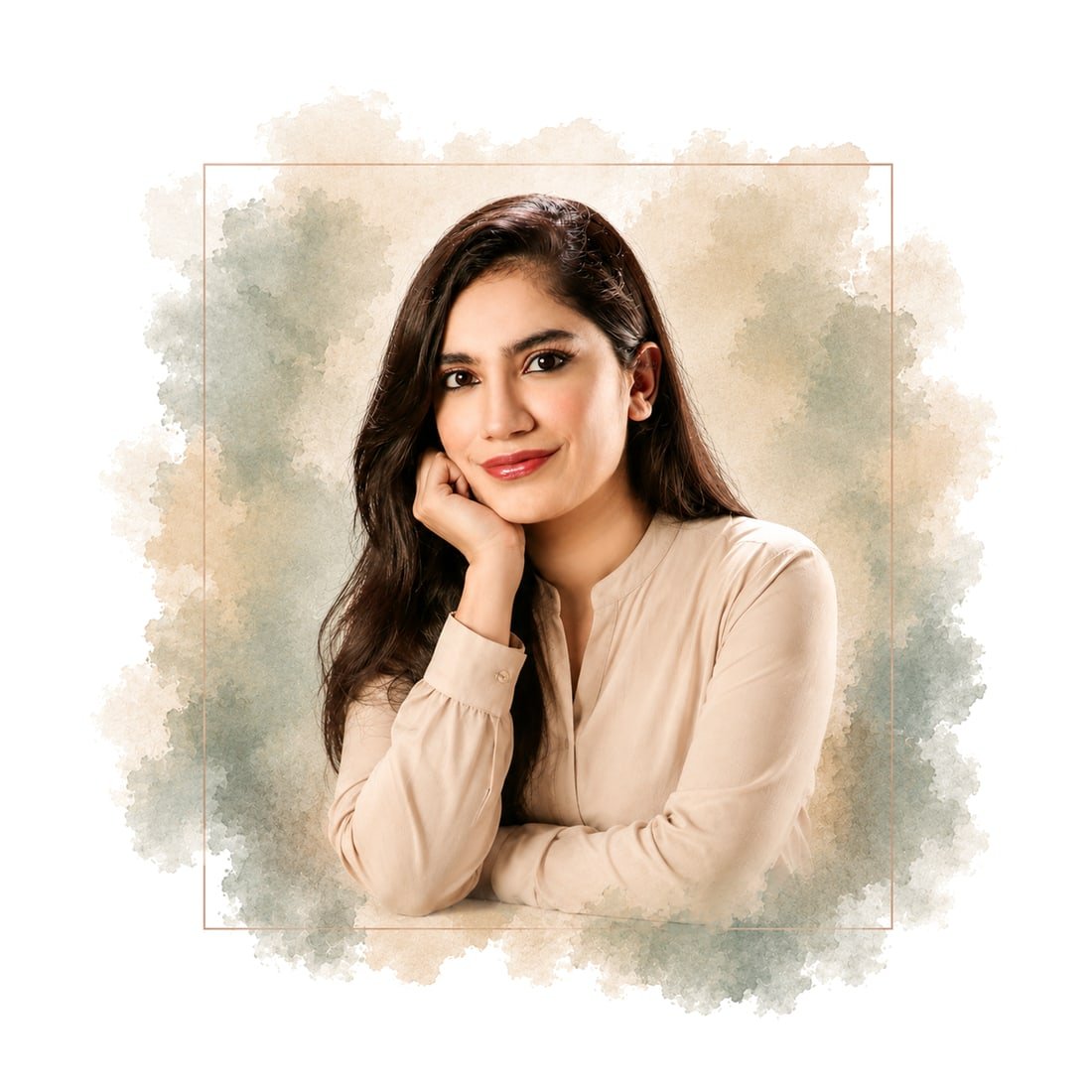 Portrait of the author Rehab R. Adil, resting her chin on her hand.